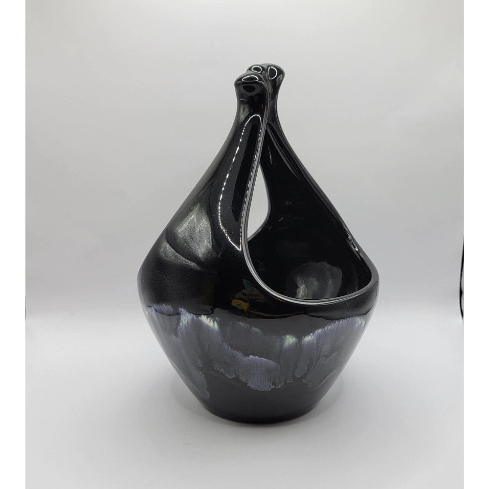 Vintage Black w/Blue Green Drip Glaze Ceramic Pottery Basket